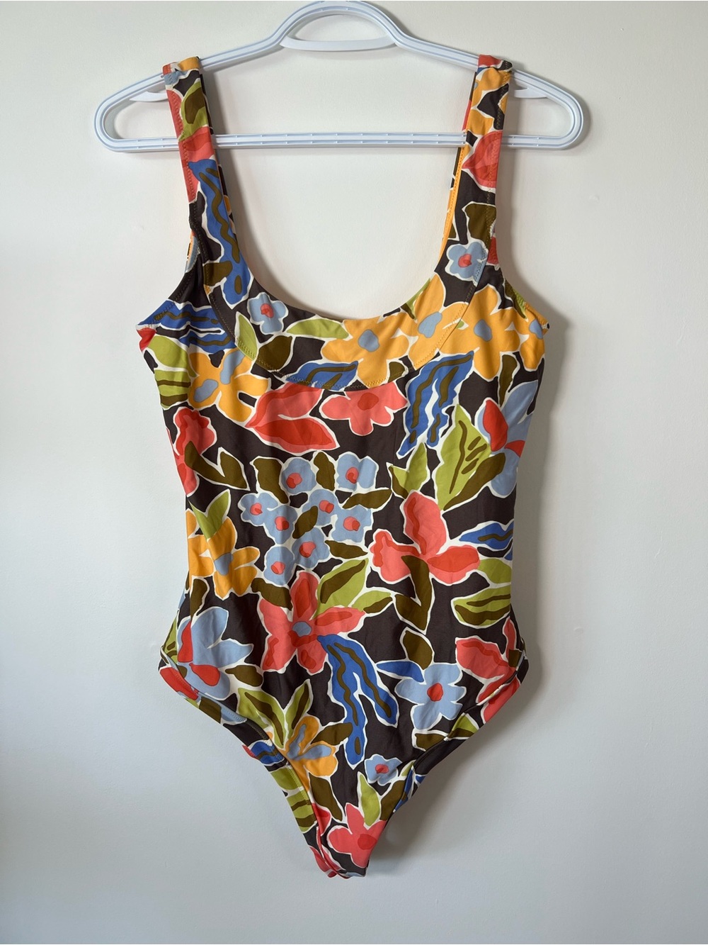 aerie Women’s Large Long Floral One-Piece Swimsuit in Brown, Red, Yellow, Blue